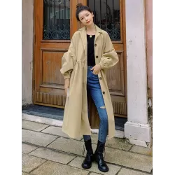 Casual Lose Tied Buttoned High-Waist Notched Collar Long Bishop Sleeves Trench Coat