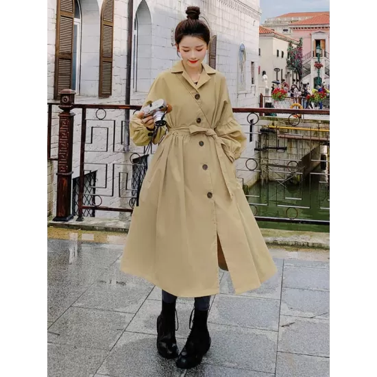 Casual Lose Tied Buttoned High-Waist Notched Collar Long Bishop Sleeves Trench Coat