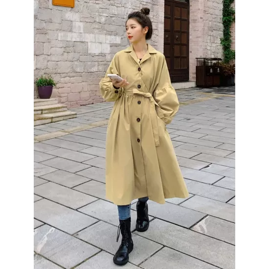 Casual Lose Tied Buttoned High-Waist Notched Collar Long Bishop Sleeves Trench Coat