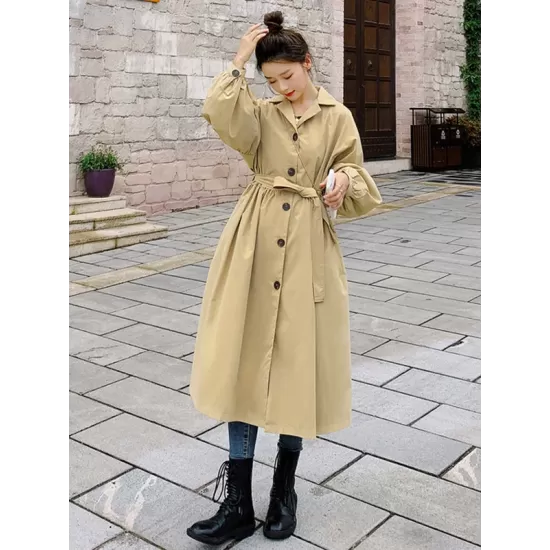 Casual Lose Tied Buttoned High-Waist Notched Collar Long Bishop Sleeves Trench Coat