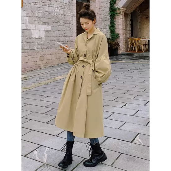 Casual Lose Tied Buttoned High-Waist Notched Collar Long Bishop Sleeves Trench Coat