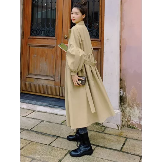 Casual Lose Tied Buttoned High-Waist Notched Collar Long Bishop Sleeves Trench Coat