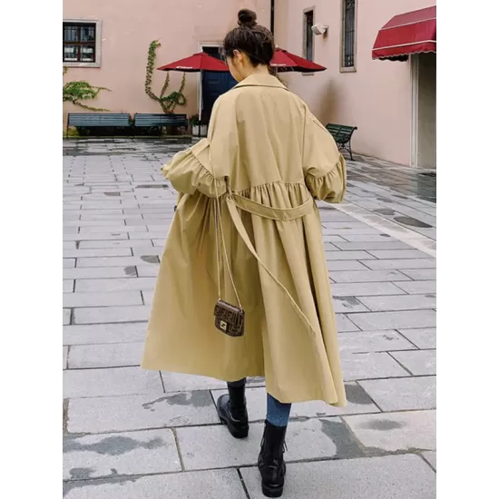 Casual Lose Tied Buttoned High-Waist Notched Collar Long Bishop Sleeves Trench Coat