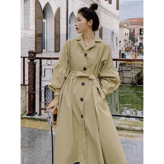 Casual Lose Tied Buttoned High-Waist Notched Collar Long Bishop Sleeves Trench Coat