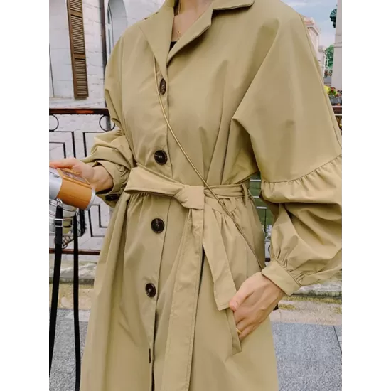 Casual Lose Tied Buttoned High-Waist Notched Collar Long Bishop Sleeves Trench Coat