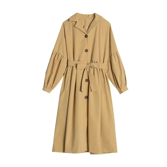 Casual Lose Tied Buttoned High-Waist Notched Collar Long Bishop Sleeves Trench Coat