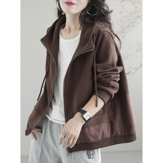 Artistic Retro Loose Long Sleeves Solid Color Zipper Hooded Outerwear