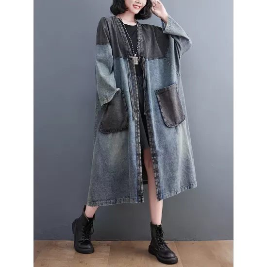 Artistic Retro Denim Long Sleeves Loose Tied Split-Joint Trench Outerwear