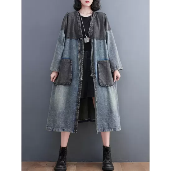 Artistic Retro Denim Long Sleeves Loose Tied Split-Joint Trench Outerwear