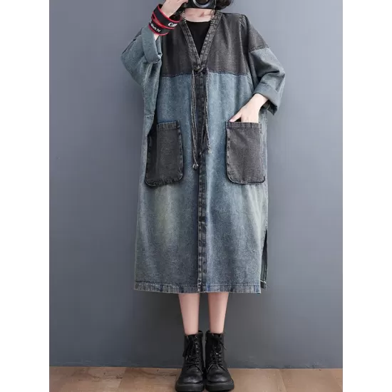 Artistic Retro Denim Long Sleeves Loose Tied Split-Joint Trench Outerwear