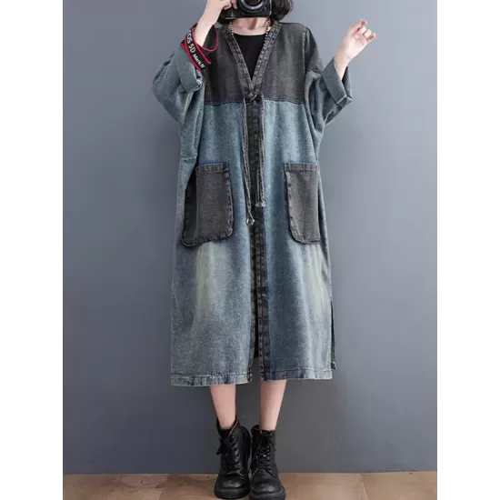 Artistic Retro Denim Long Sleeves Loose Tied Split-Joint Trench Outerwear