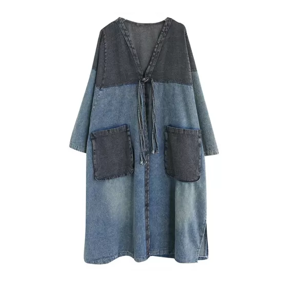 Artistic Retro Denim Long Sleeves Loose Tied Split-Joint Trench Outerwear