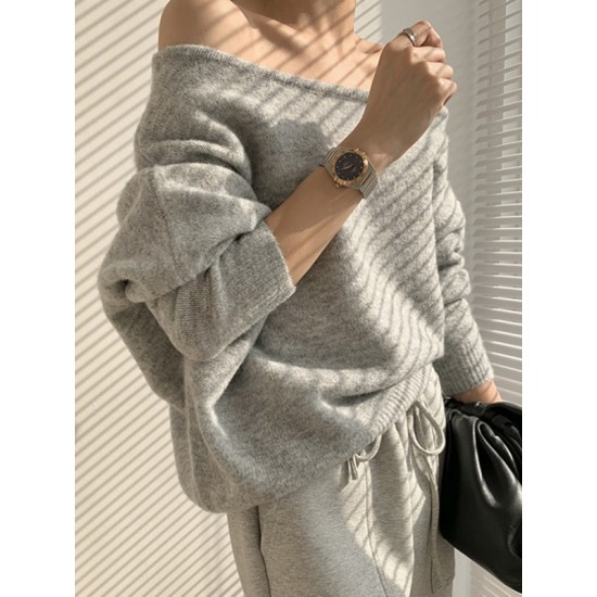 Casual Loose Long Sleeves Solid Color Off-The-Shoulder Sweater Tops