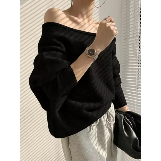 Casual Loose Long Sleeves Solid Color Off-The-Shoulder Sweater Tops