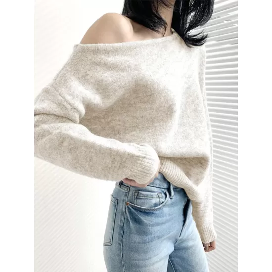 Casual Loose Long Sleeves Solid Color Off-The-Shoulder Sweater Tops