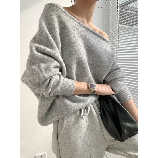 Casual Loose Long Sleeves Solid Color Off-The-Shoulder Sweater Tops