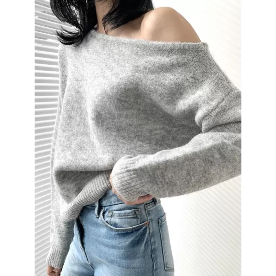 Casual Loose Long Sleeves Solid Color Off-The-Shoulder Sweater Tops