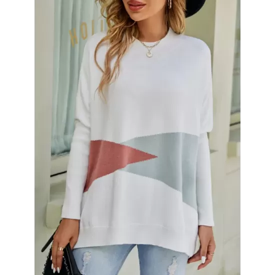 Contrast Color Batwing Sleeves Long Sleeves Round-Neck Sweater Tops Pullovers Knitwear