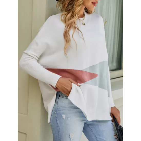 Contrast Color Batwing Sleeves Long Sleeves Round-Neck Sweater Tops Pullovers Knitwear