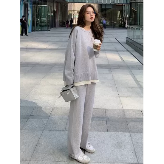 Casual Loose Solid Color Round-Neck Sweater Tops & Wide Leg Pants Suits