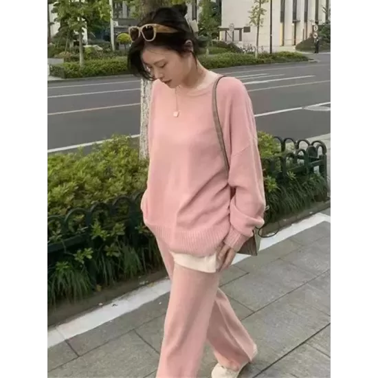 Casual Loose Solid Color Round-Neck Sweater Tops & Wide Leg Pants Suits