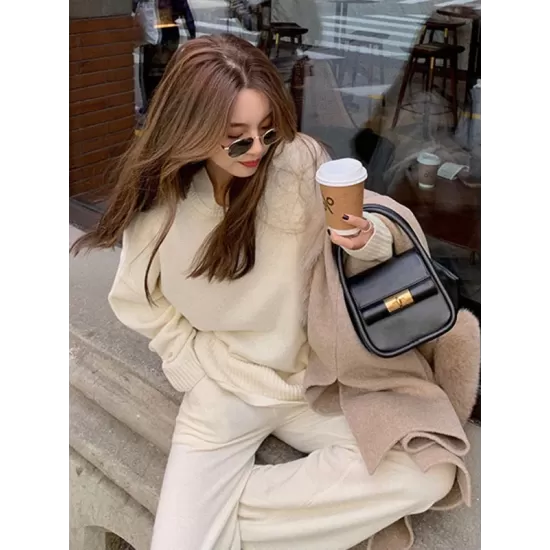 Casual Loose Solid Color Round-Neck Sweater Tops & Wide Leg Pants Suits