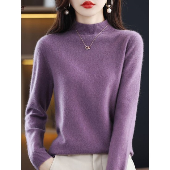 Office Long Sleeves Solid Color High-Neck Sweater Tops Pullovers