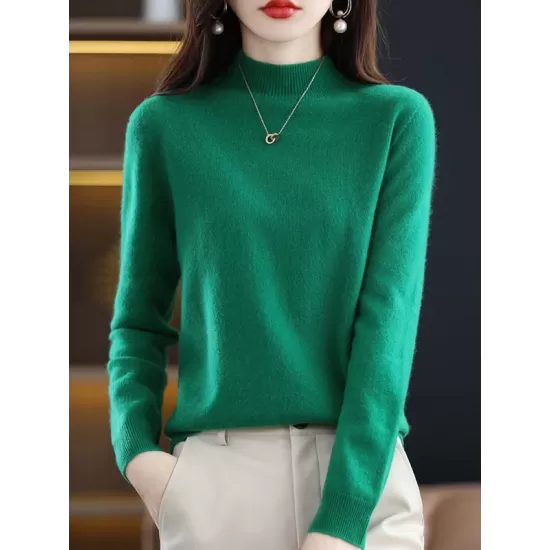 Office Long Sleeves Solid Color High-Neck Sweater Tops Pullovers