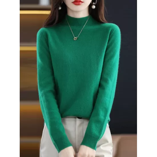 Office Long Sleeves Solid Color High-Neck Sweater Tops Pullovers