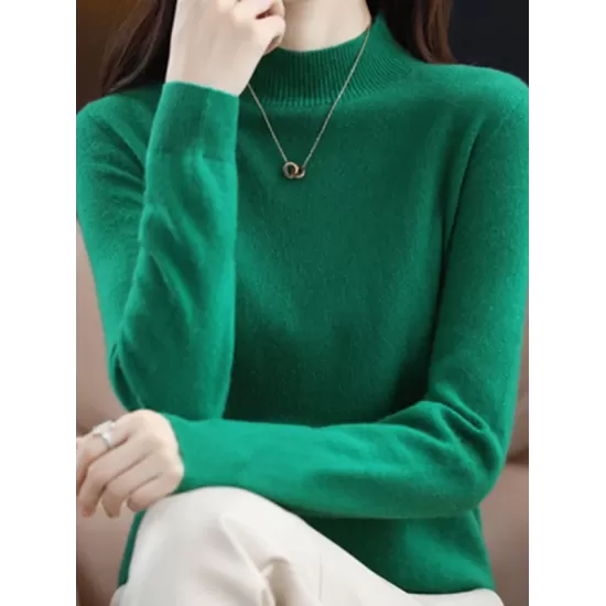 Office Long Sleeves Solid Color High-Neck Sweater Tops Pullovers