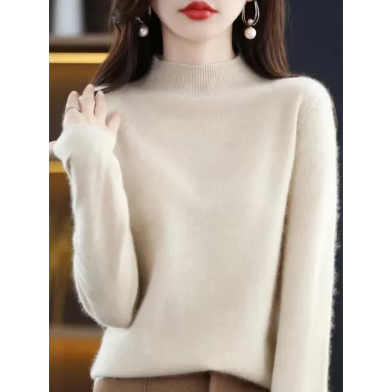 Office Long Sleeves Solid Color High-Neck Sweater Tops Pullovers