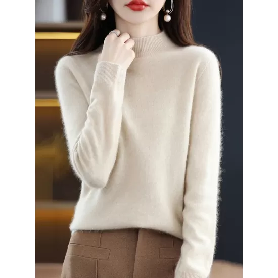 Office Long Sleeves Solid Color High-Neck Sweater Tops Pullovers