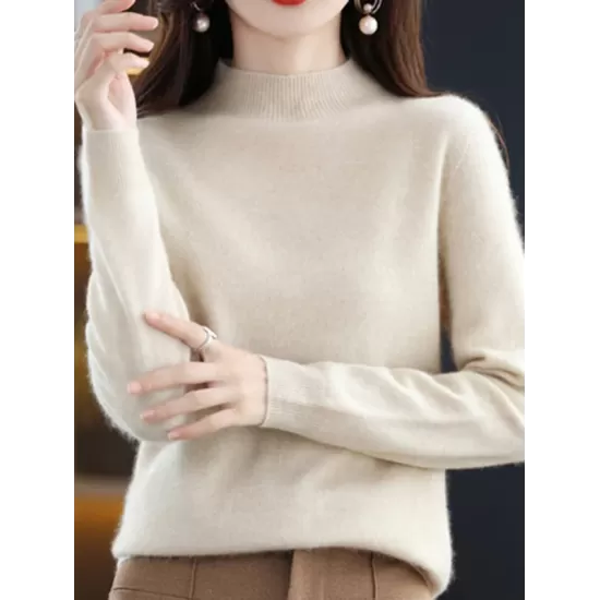 Office Long Sleeves Solid Color High-Neck Sweater Tops Pullovers