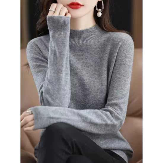 Office Long Sleeves Solid Color High-Neck Sweater Tops Pullovers