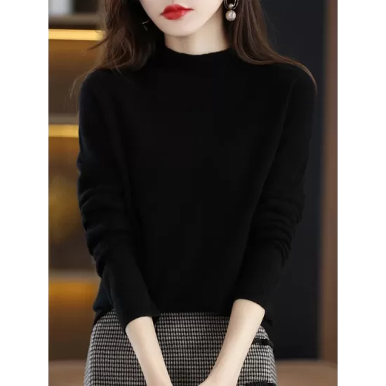 Office Long Sleeves Solid Color High-Neck Sweater Tops Pullovers