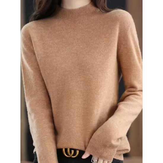 Office Long Sleeves Solid Color High-Neck Sweater Tops Pullovers