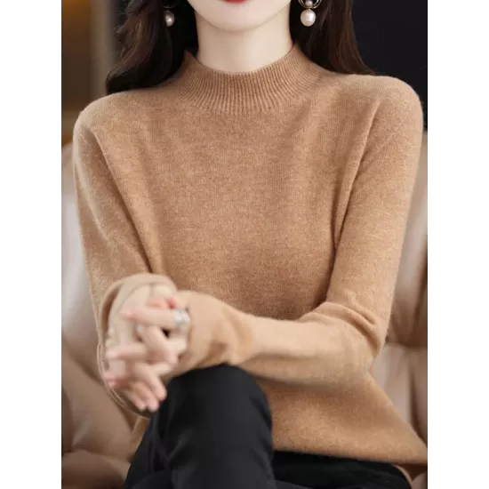 Office Long Sleeves Solid Color High-Neck Sweater Tops Pullovers