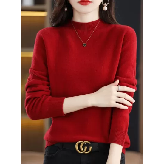 Office Long Sleeves Solid Color High-Neck Sweater Tops Pullovers