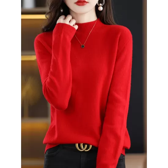 Office Long Sleeves Solid Color High-Neck Sweater Tops Pullovers