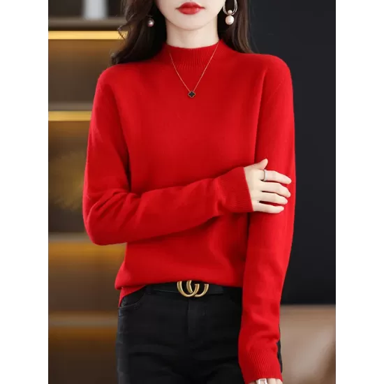 Office Long Sleeves Solid Color High-Neck Sweater Tops Pullovers