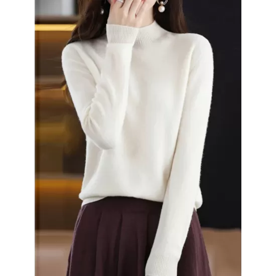 Office Long Sleeves Solid Color High-Neck Sweater Tops Pullovers