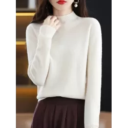 Office Long Sleeves Solid Color High-Neck Sweater Tops Pullovers