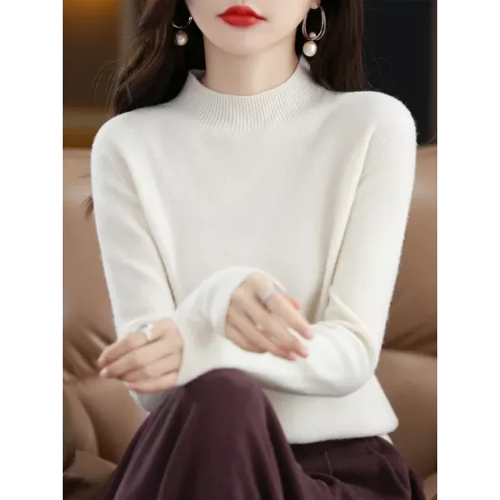 Office Long Sleeves Solid Color High-Neck Sweater Tops Pullovers