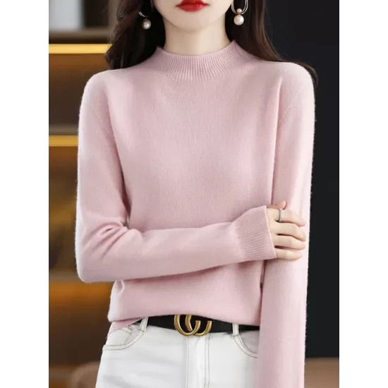 Office Long Sleeves Solid Color High-Neck Sweater Tops Pullovers