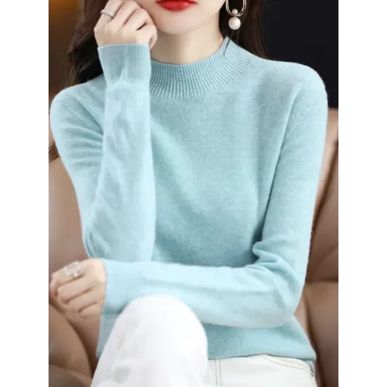 Office Long Sleeves Solid Color High-Neck Sweater Tops Pullovers