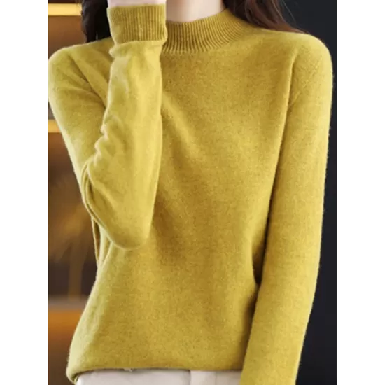 Office Long Sleeves Solid Color High-Neck Sweater Tops Pullovers