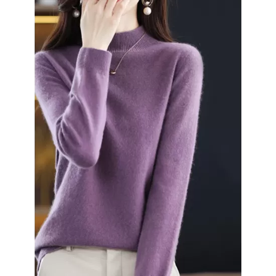 Office Long Sleeves Solid Color High-Neck Sweater Tops Pullovers