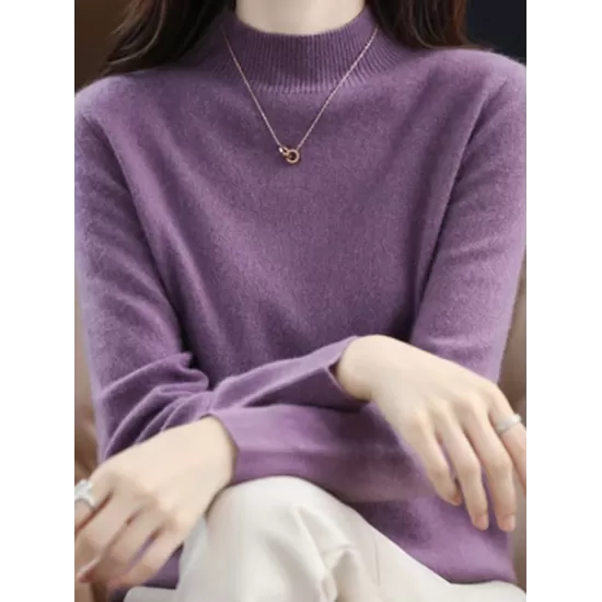 Office Long Sleeves Solid Color High-Neck Sweater Tops Pullovers