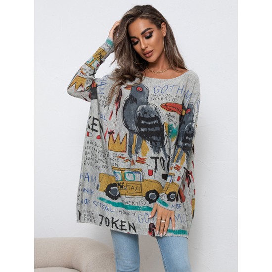 Cartoon Printed Contrast Color Long Sleeves Loose Round-neck Sweater Tops