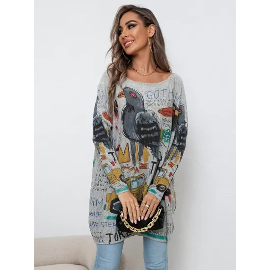 Cartoon Printed Contrast Color Long Sleeves Loose Round-neck Sweater Tops